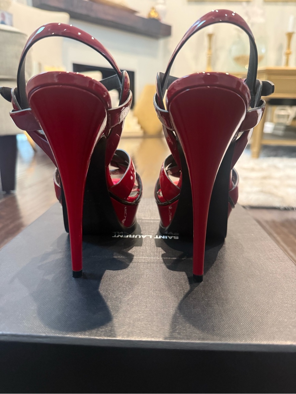 Saint Laurent Tribute Red Patent Leather T-Strap Heeled Sandals - Picture 5 of 8
